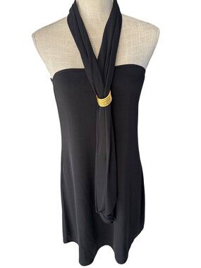 Black Halter Mini Dress With Gold Ring Accent Trendy & Chic Partywear Sleeveless